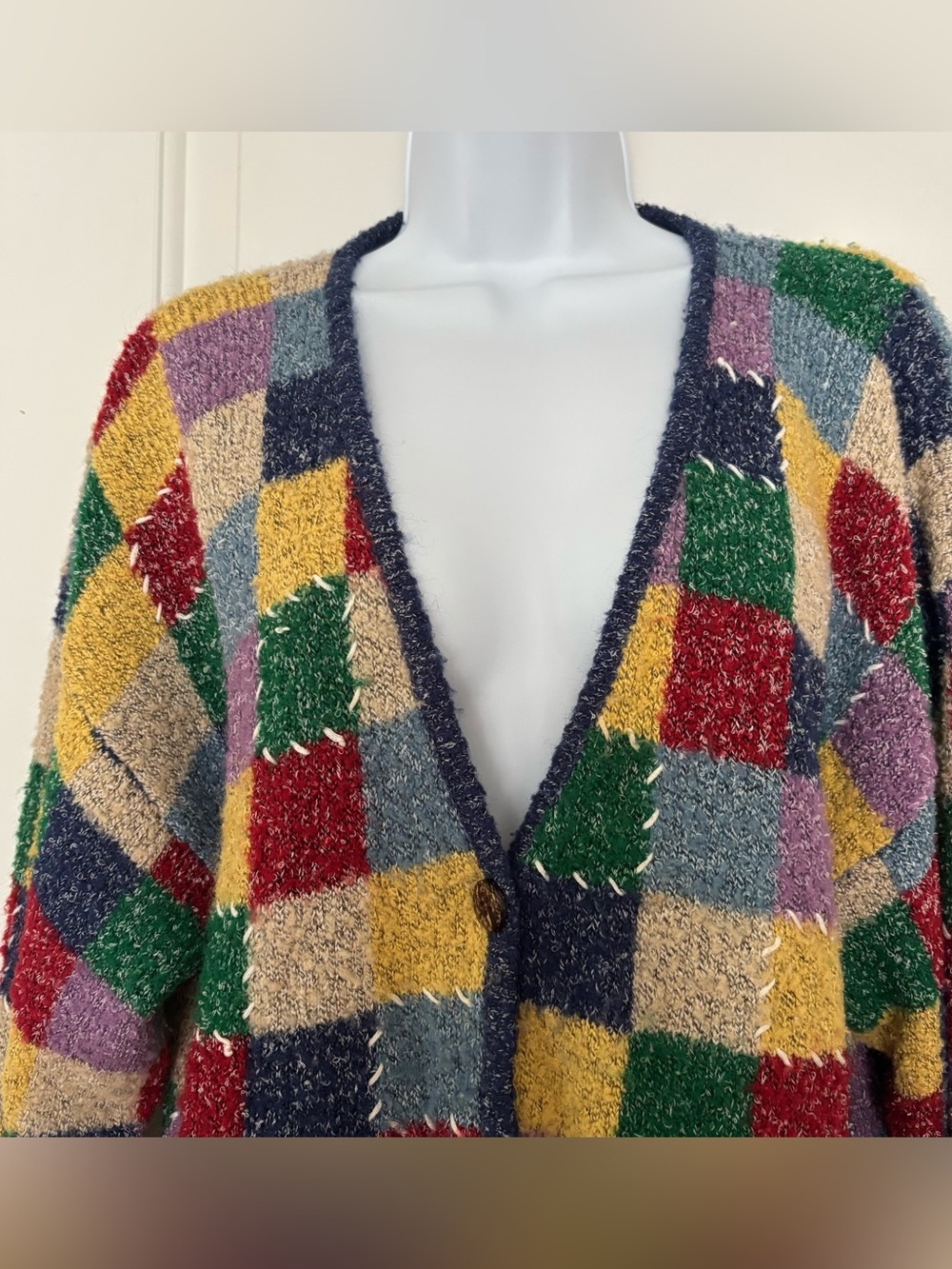 Vintage Mandal Bay colorful patchwork check cardigan sweater large - Picture 4 of 10